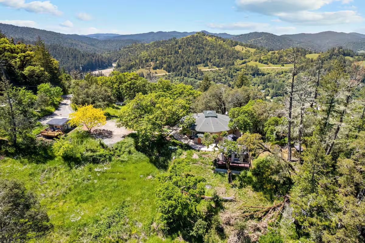 Aerial view of the Hobbit House in the Southern Humboldt hills