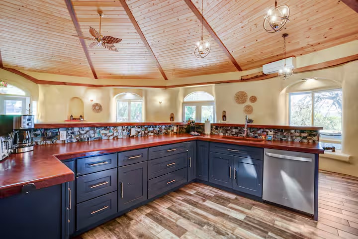 Hobbit House blue kitchen with generous counter space