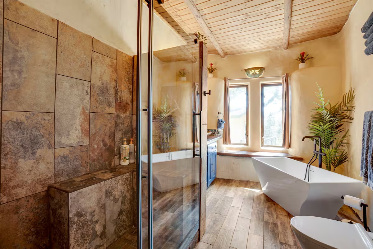 Hobbit House bedroom with stone accent wall