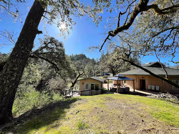 Hobbit House and cottage surrounded by oak trees
