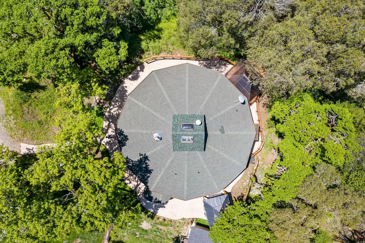 Aerial view of the Hobbit House octagonal roof
